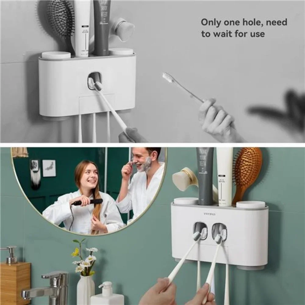 Toothbrush Holders with Toothpaste Dispenser Wall Mounted for Bathroom-4 Cups